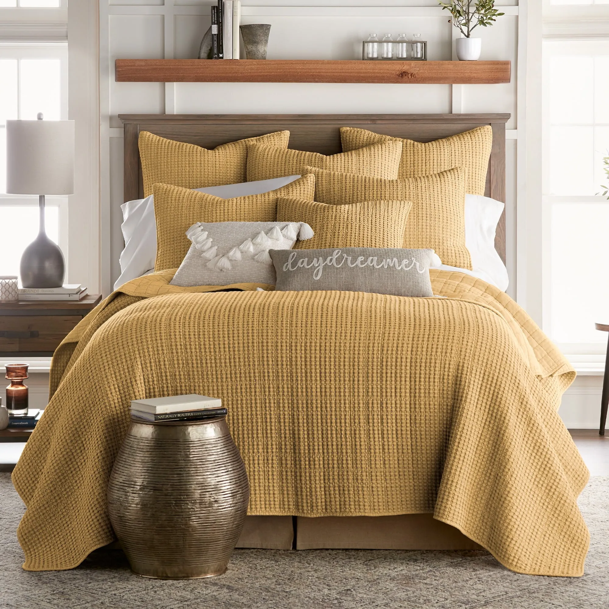 relaxed Mills Waffle - King/Cal King Quilt Set - Grey Cotton Waffle - Quilt Size (106 x 92in.), Sham Size (36 x 20in.) Ochre Square Pillow 20x20