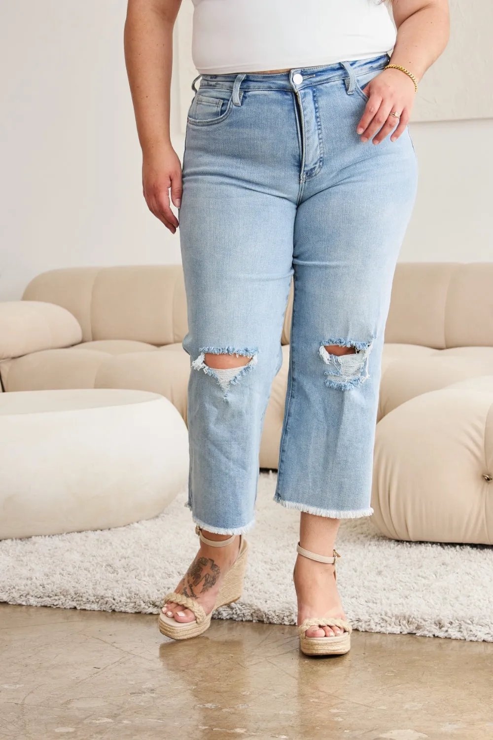 RFM  Tummy Control High Waist Raw Hem Distressed Jeans