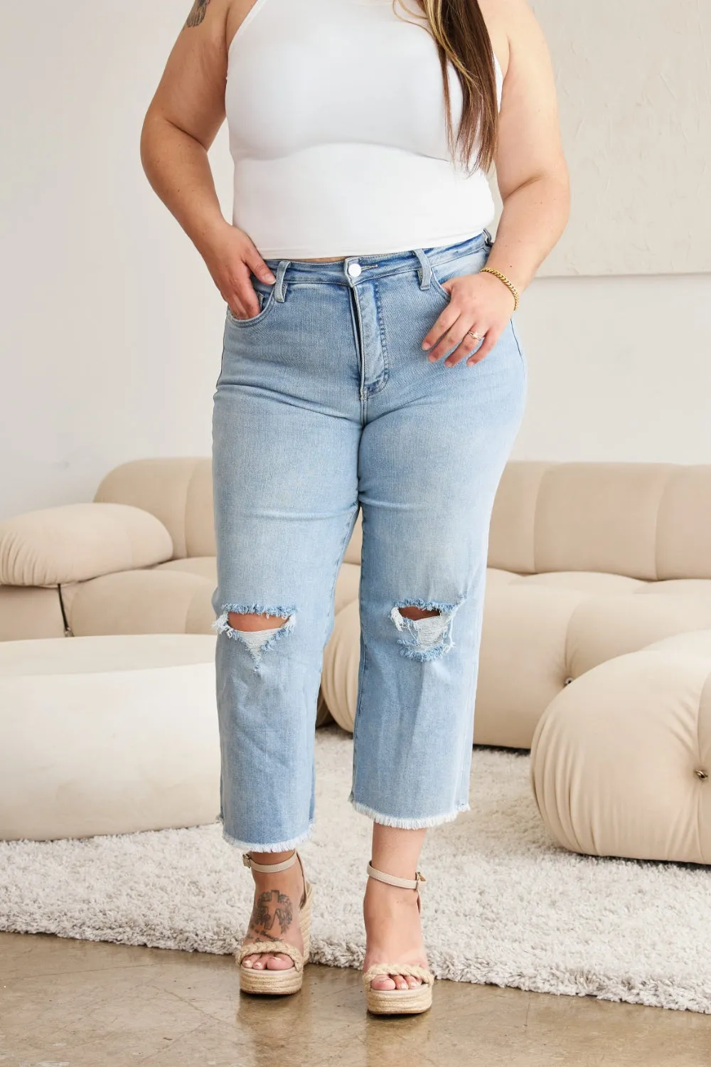 RFM  Tummy Control High Waist Raw Hem Distressed Jeans