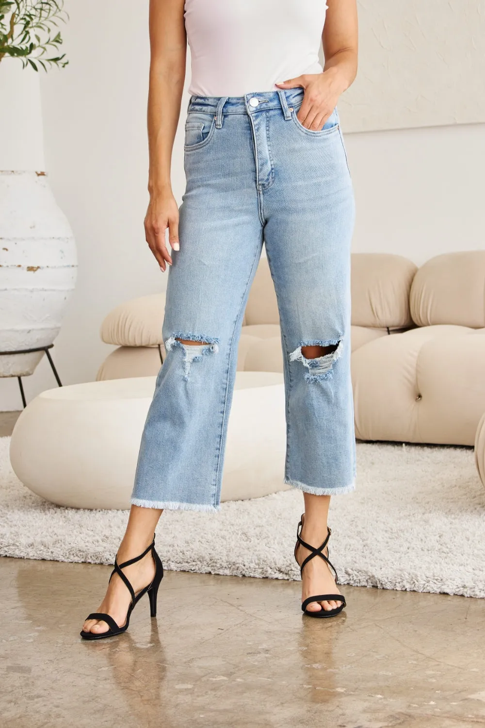 RFM  Tummy Control High Waist Raw Hem Distressed Jeans