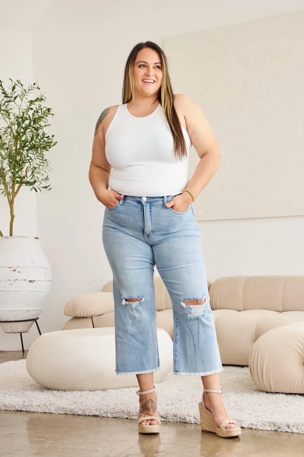 RFM  Tummy Control High Waist Raw Hem Distressed Jeans