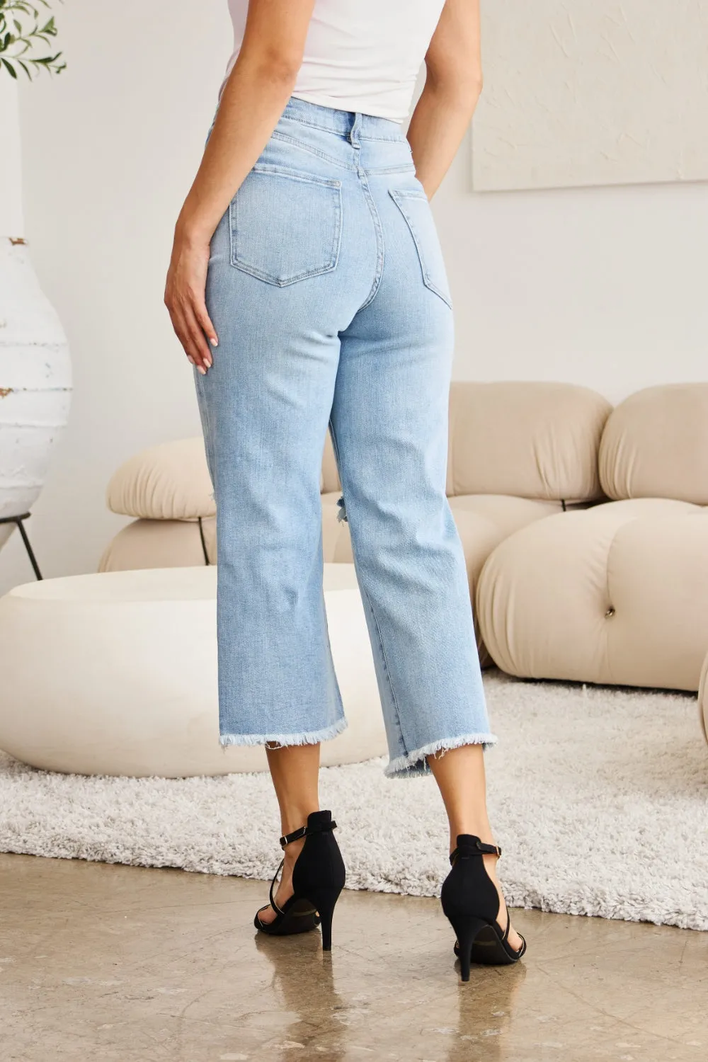 RFM  Tummy Control High Waist Raw Hem Distressed Jeans