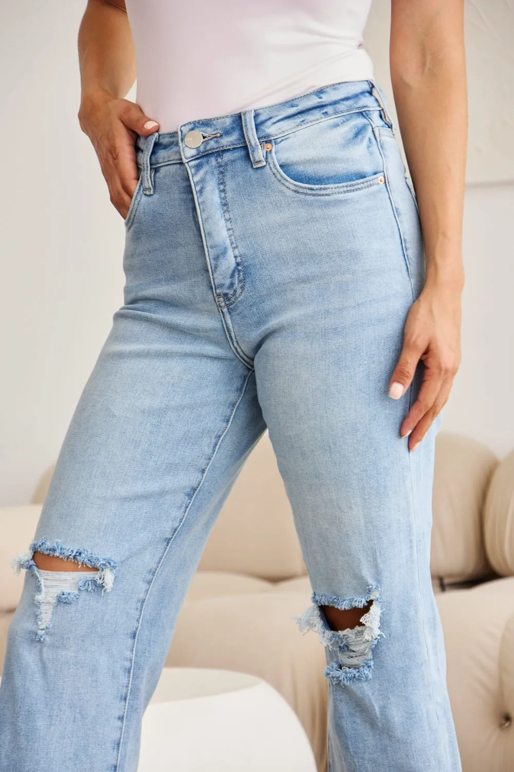 RFM  Tummy Control High Waist Raw Hem Distressed Jeans