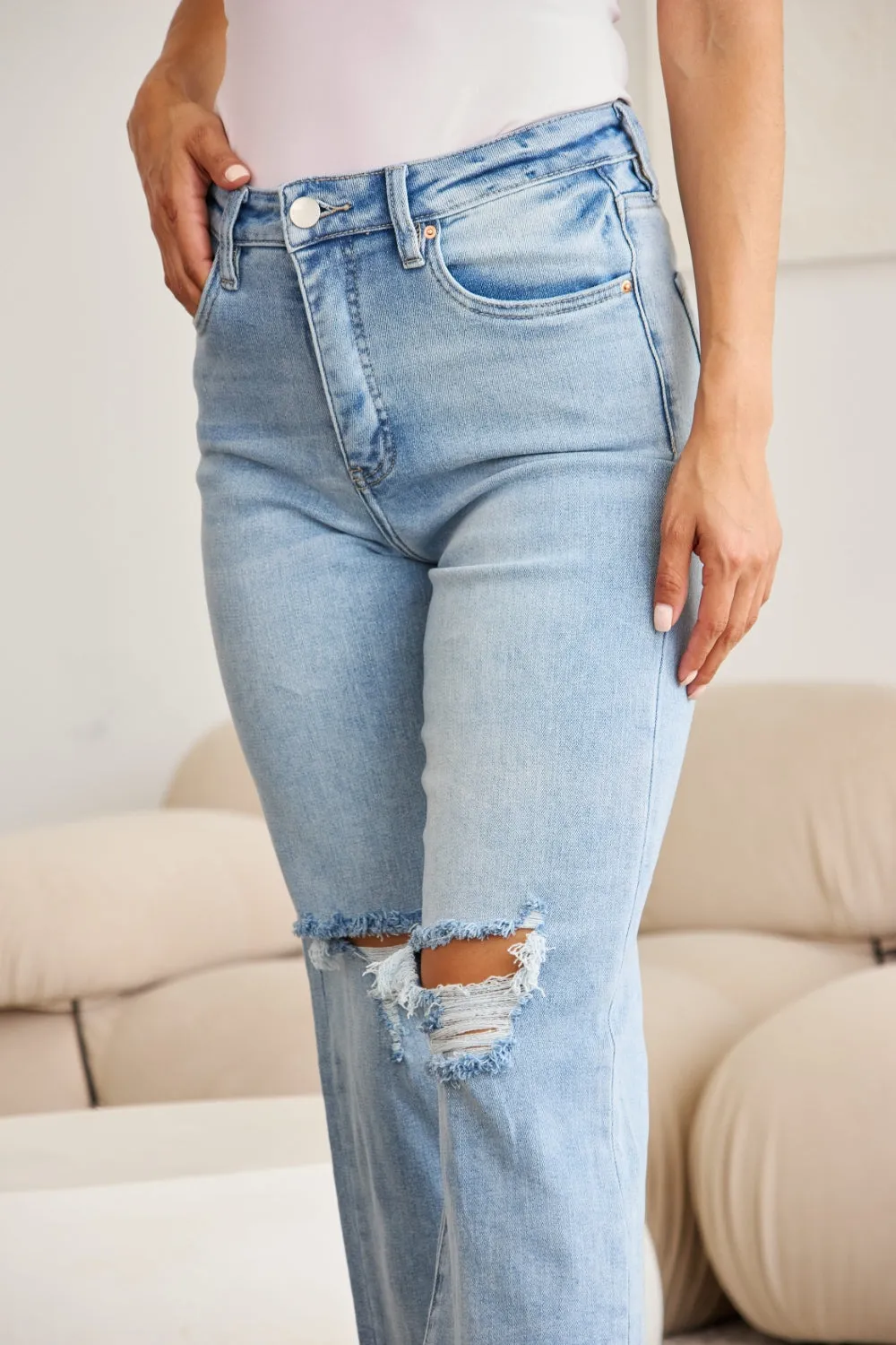 RFM  Tummy Control High Waist Raw Hem Distressed Jeans