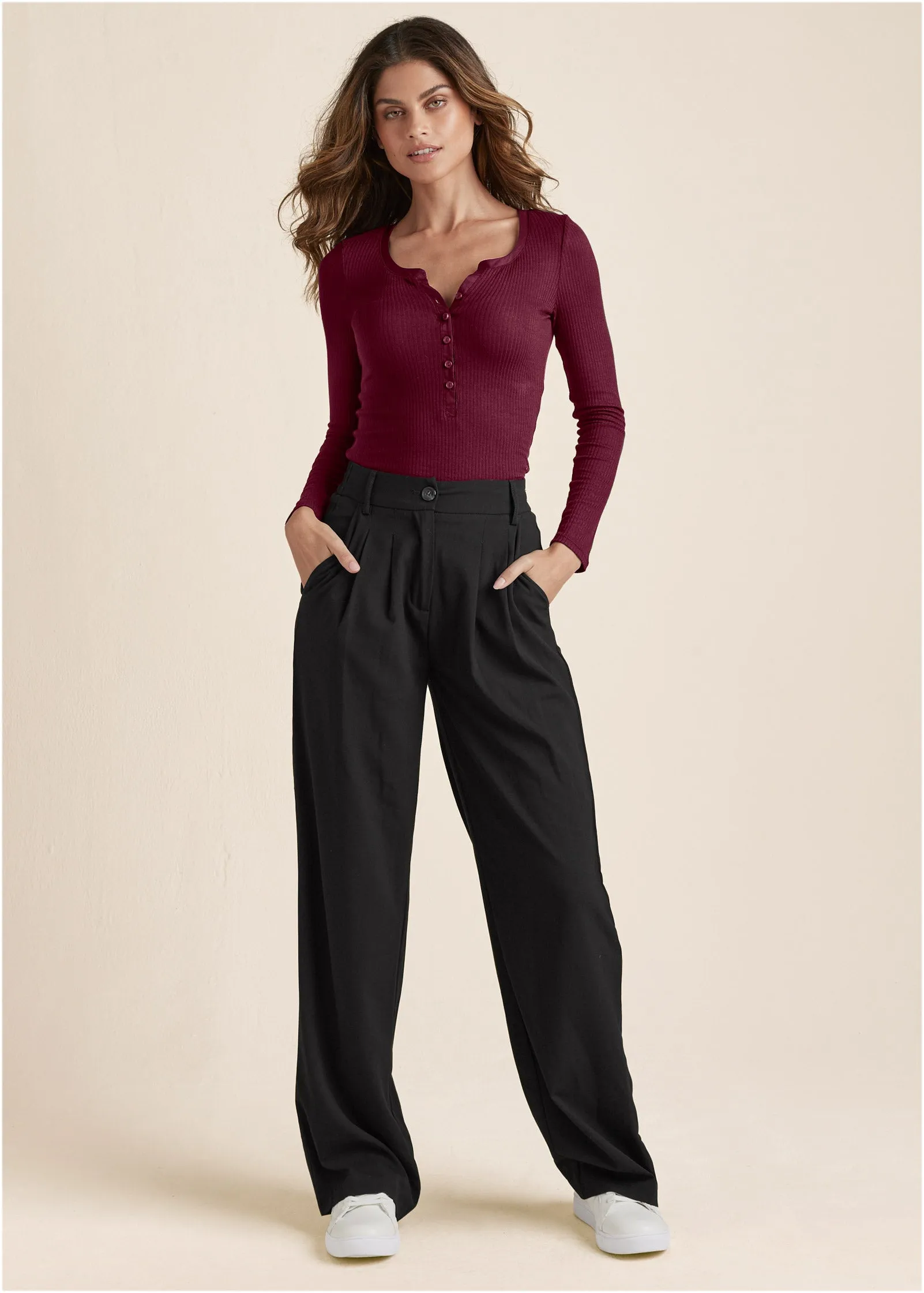 Ribbed Henley Top - Wine