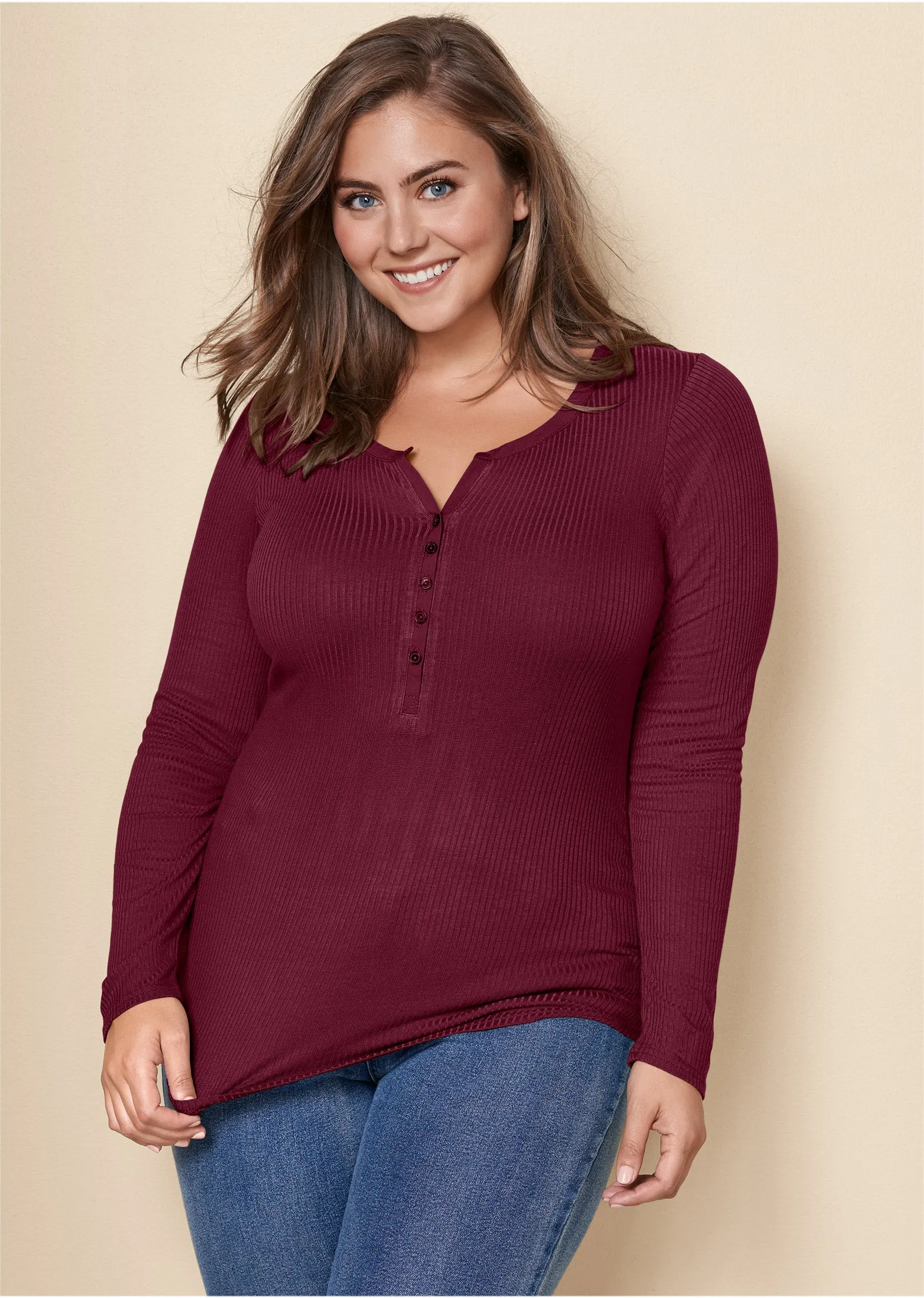 Ribbed Henley Top - Wine