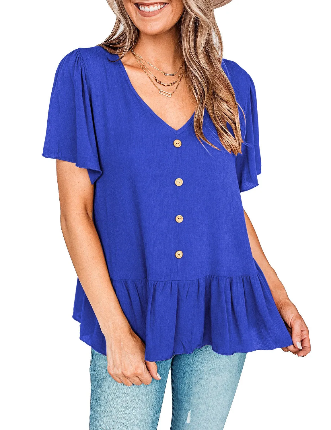 Royal Blue V-Neckline Buttons Loose Peplum Top