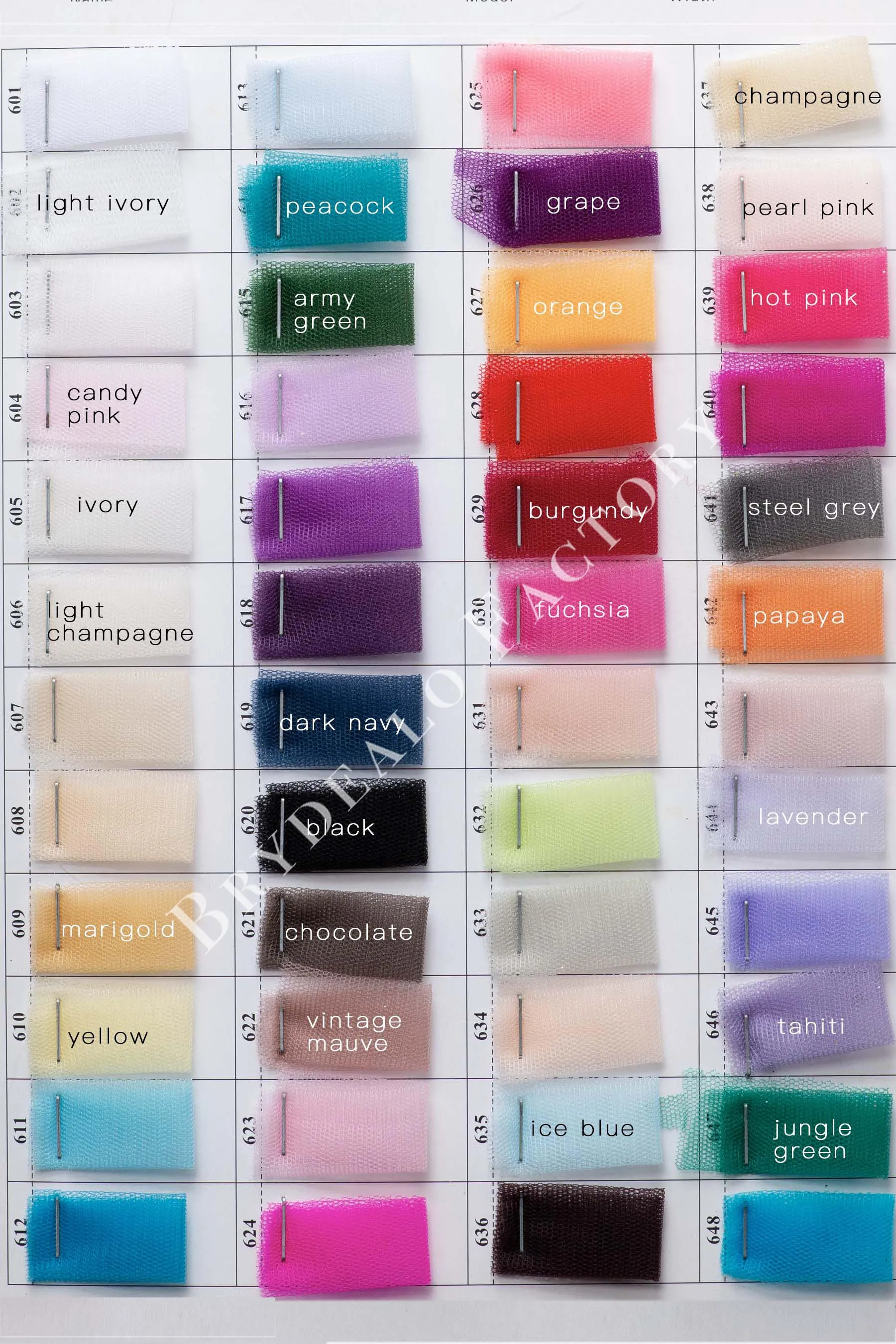 Shimmery Soft Tulle Fabric Color Chart | 150  Colors