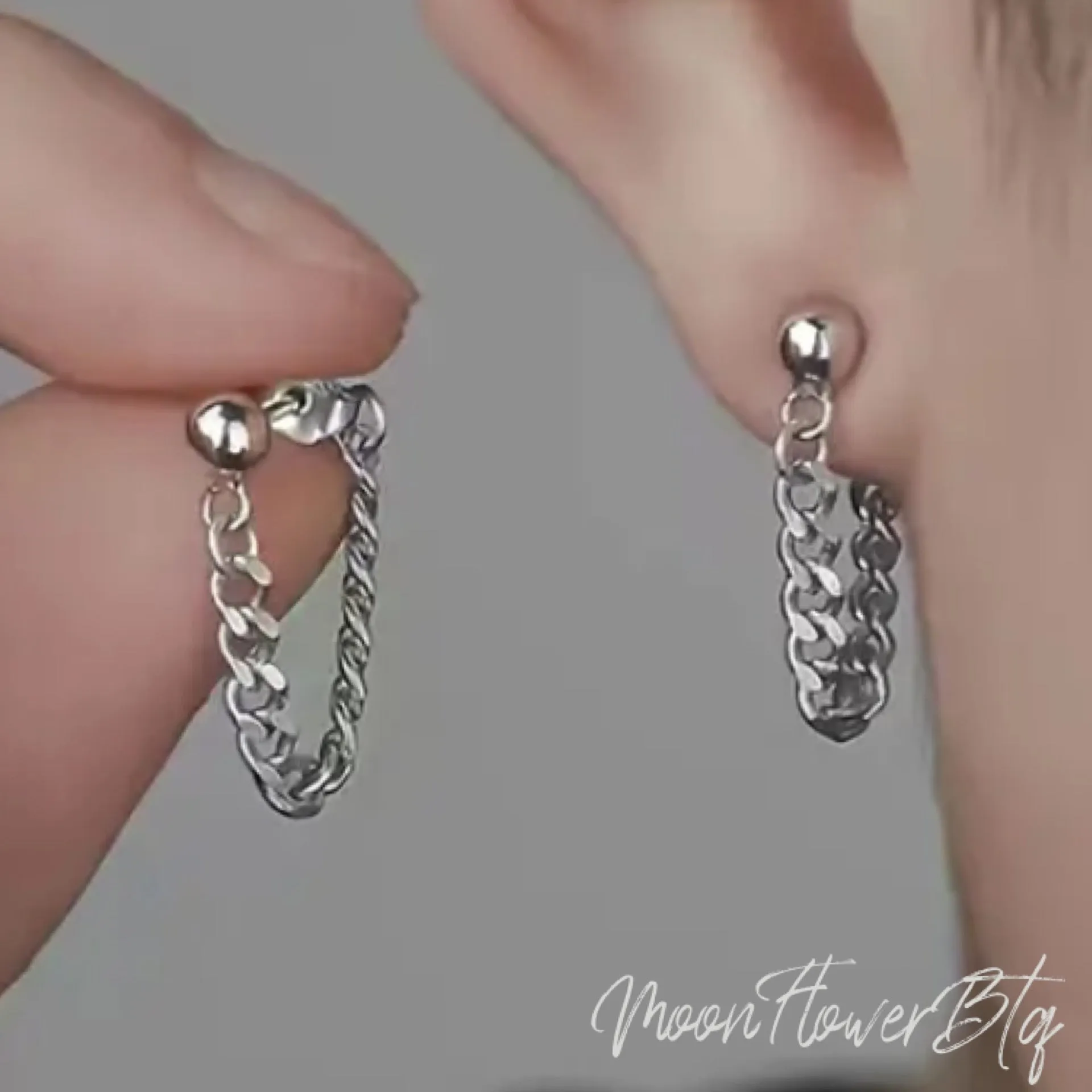 Silver Dangly Punk Chain Stud Earrings