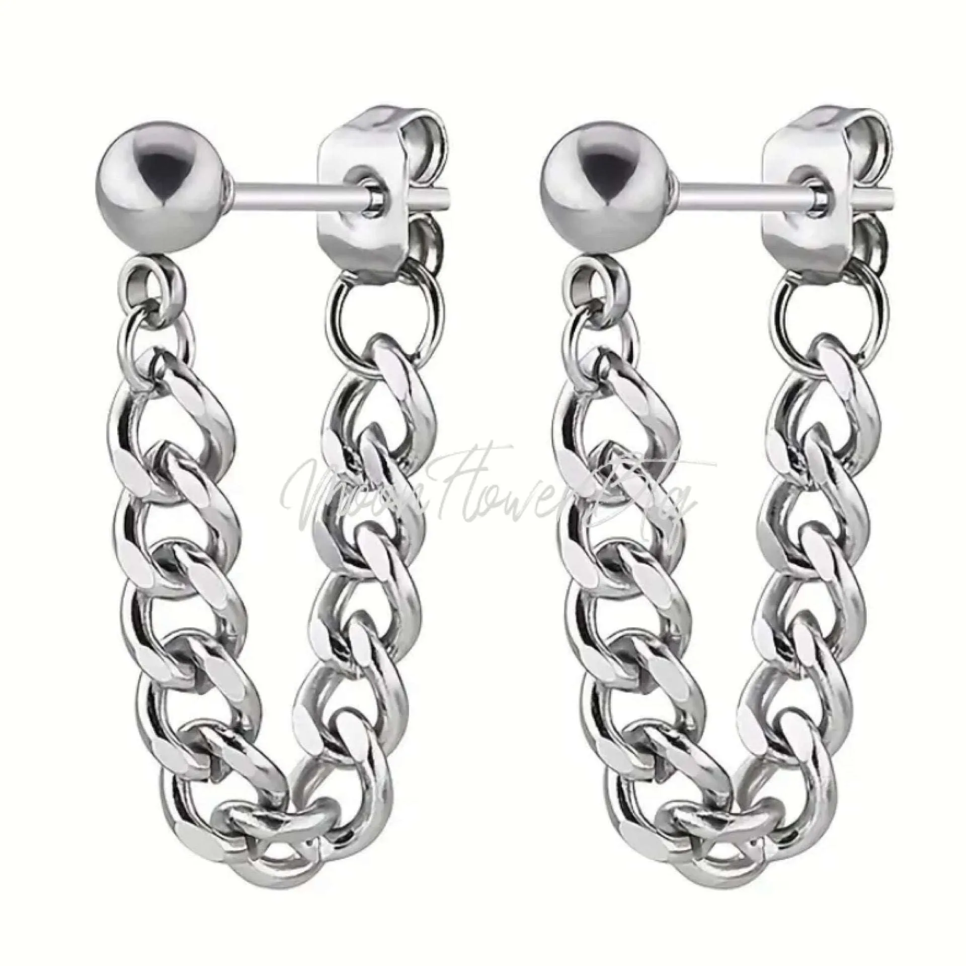 Silver Dangly Punk Chain Stud Earrings