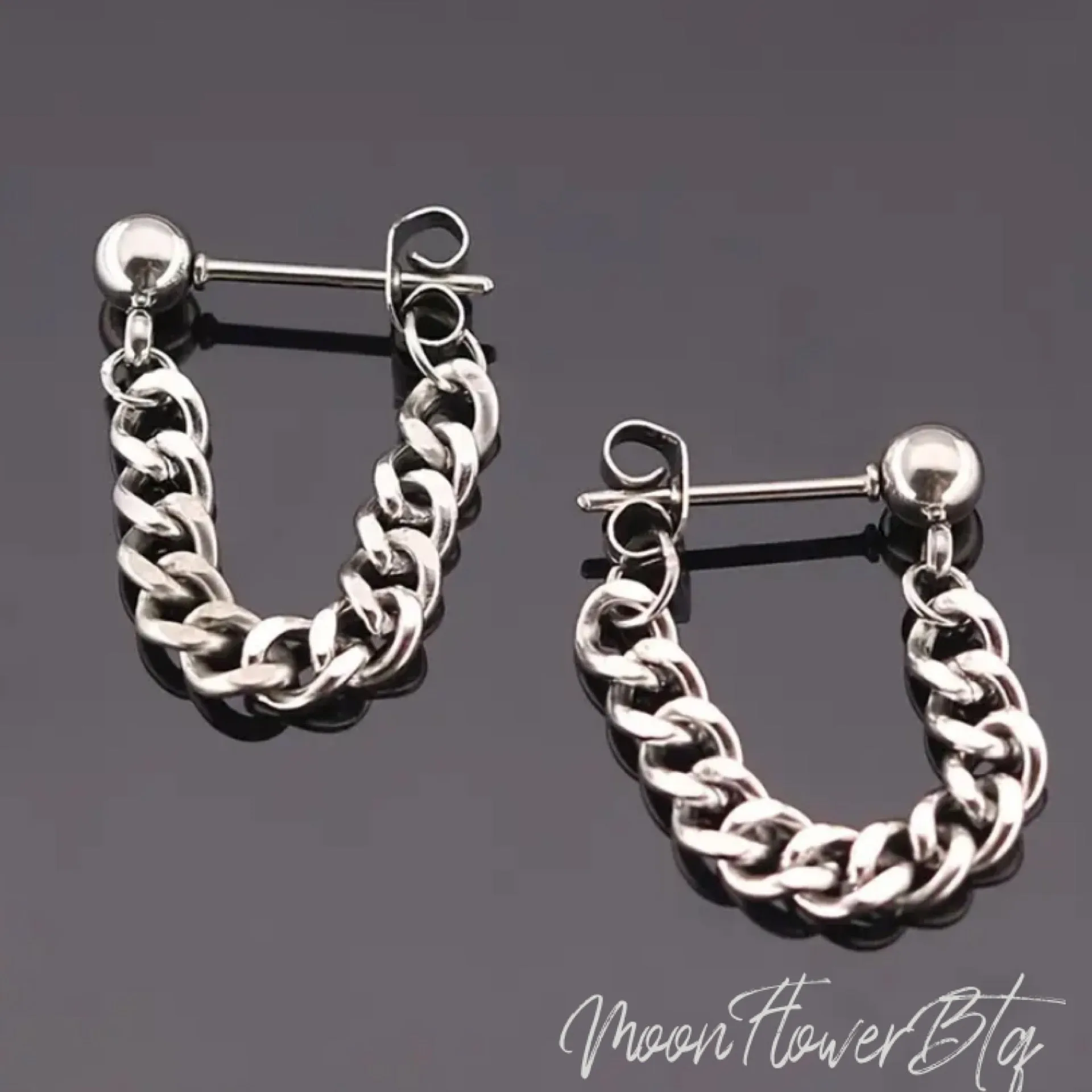 Silver Dangly Punk Chain Stud Earrings