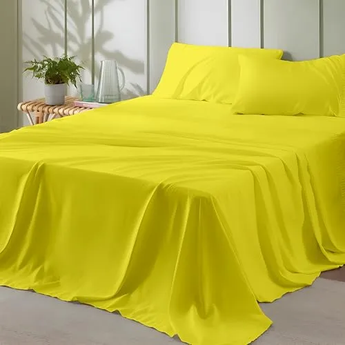 SLEEPINO - King Size Bedsheet | Super Soft Brushed Microfiber Bedsheet for King Size (92X102 Inches) | Machine Washable & Hypoallergenic Bedsheet with 2 Pillow Cover - Yellow