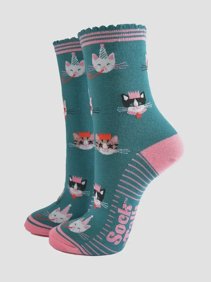 Sock Talk Bamboo Socks Green/Pink, Party Cats