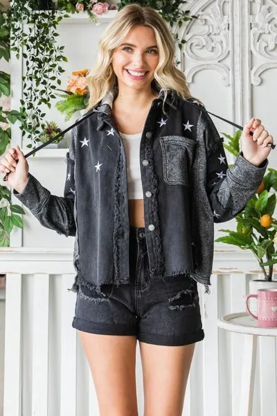 Star Embroidered Hooded Denim Jacket