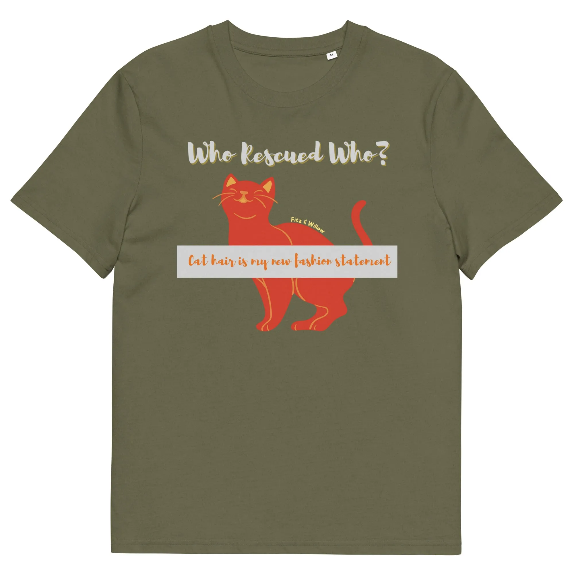 Sustainable cotton t-shirt, Who rescued who? cat lovers