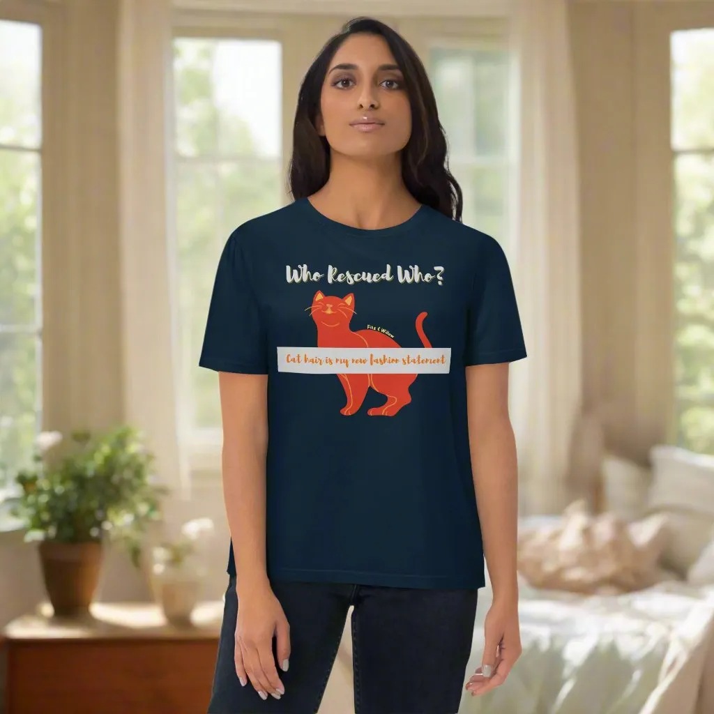 Sustainable cotton t-shirt, Who rescued who? cat lovers