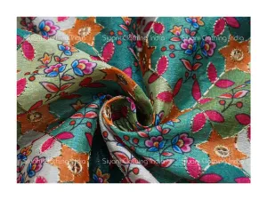 Teal Multicolor Thread Floral Embroidered Silk Fabric