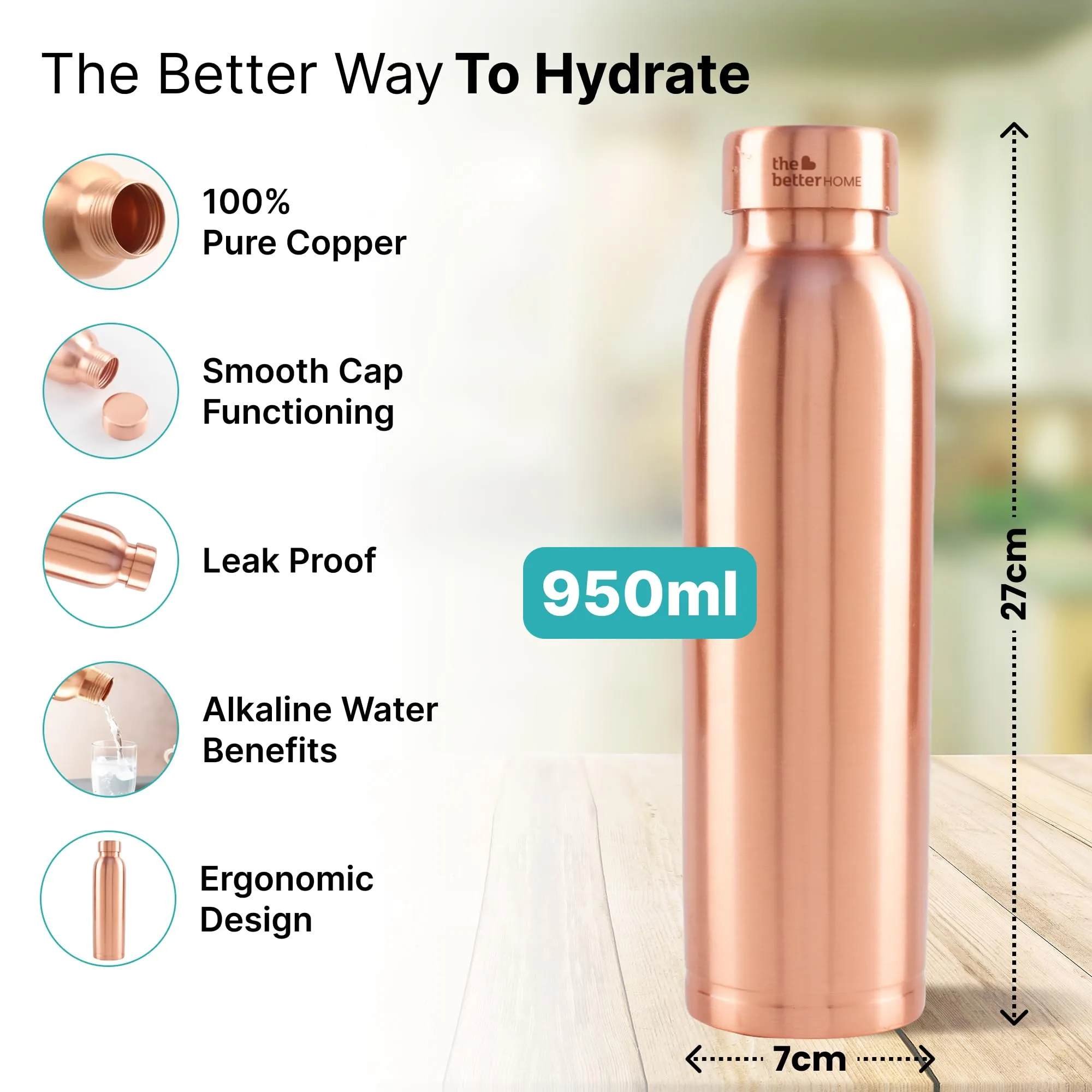 The Better Home Copper Bottle | 100% Pure Copper | Lightweight for Home Office Use | Durable and Rust Free | Eco-Friendly, Biodegradable & Non-Toxic| 950ml