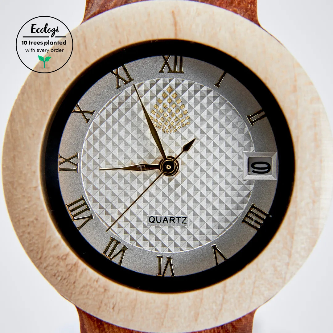 The Hazel Watch - Eco-Friendly Natural Wood Timepiece with Date Aperture