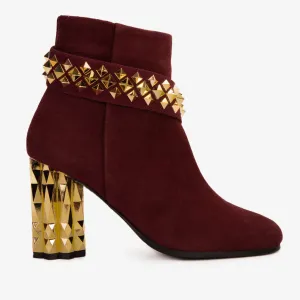 The Metal Burgundy Suede Leather Block Heel Women Boot