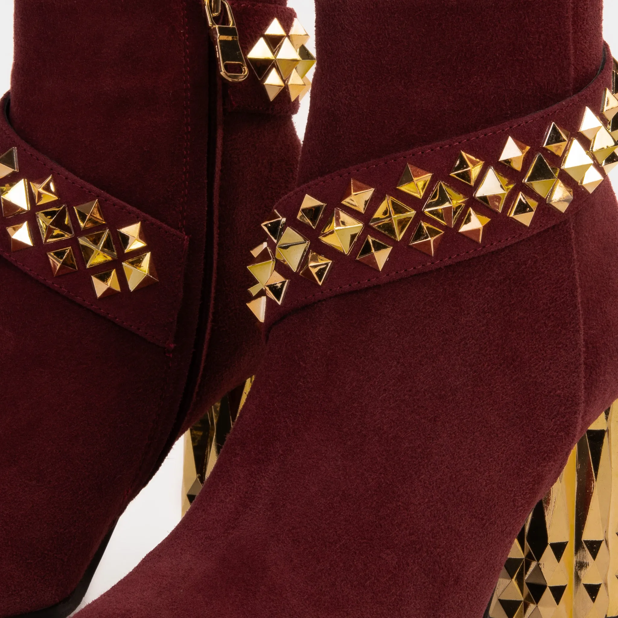 The Metal Burgundy Suede Leather Block Heel Women Boot