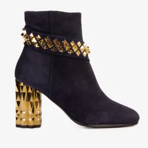 The Metal Navy Suede Leather Block Heel Women Boot