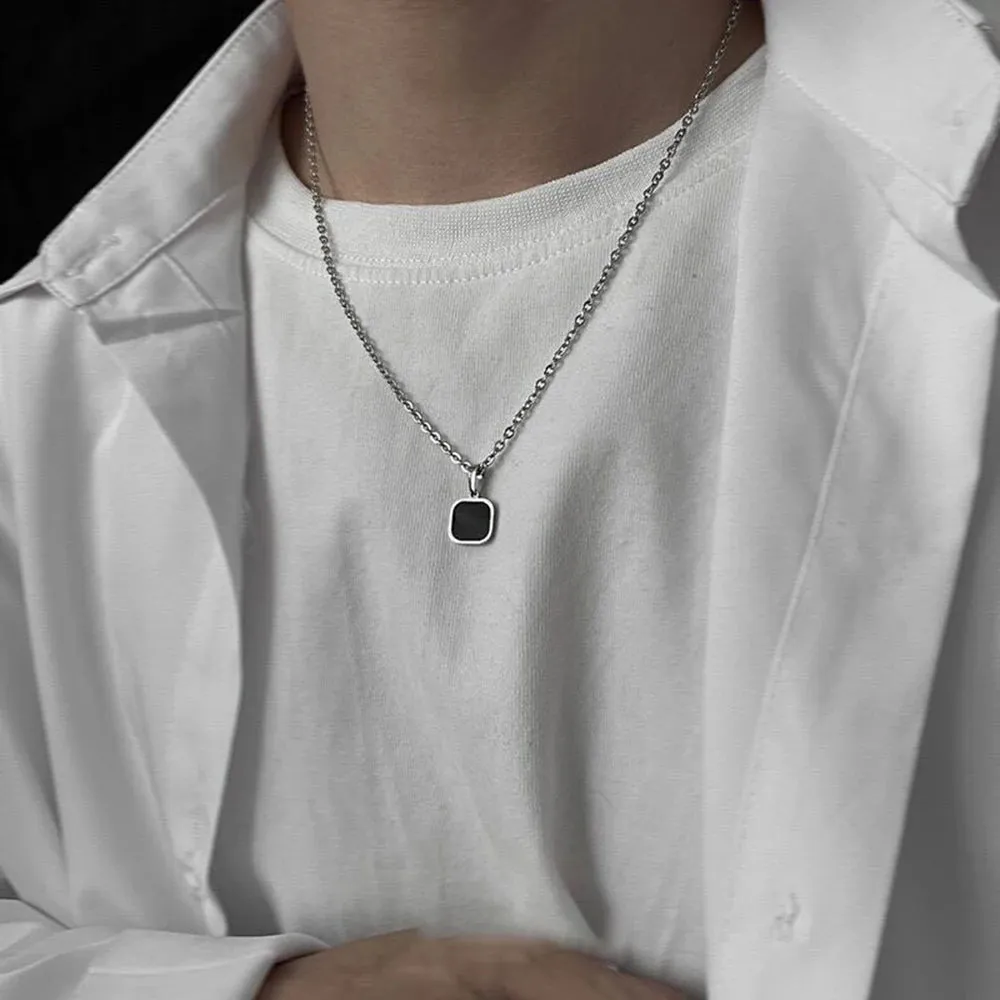 Tide Brand Street Dance Hip-hop Black Square Pendant Necklace Personality Simple Stainless Steel Necklace Accessories