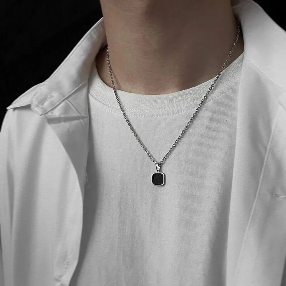 Tide Brand Street Dance Hip-hop Black Square Pendant Necklace Personality Simple Stainless Steel Necklace Accessories