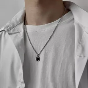 Tide Brand Street Dance Hip-hop Black Square Pendant Necklace Personality Simple Stainless Steel Necklace Accessories