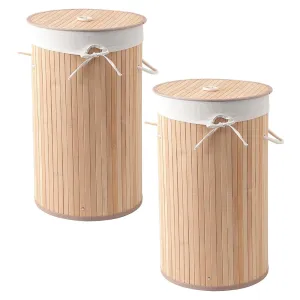 USHA SHRIRAM Foldable Bamboo Laundry Basket With Lid | Sustainable & Eco-Friendly | Travel Essential | Solid Laundry Basket (35cmx35cmx60cm) | Easy To Carry (2 Pcs, Natural)