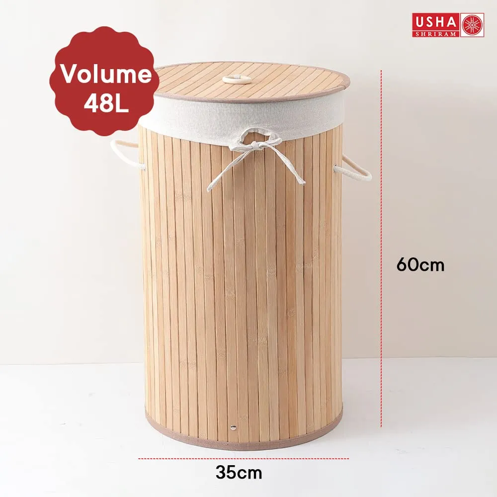 USHA SHRIRAM Foldable Bamboo Laundry Basket With Lid | Sustainable & Eco-Friendly | Travel Essential | Solid Laundry Basket (35cmx35cmx60cm) | Easy To Carry (2 Pcs, Natural)