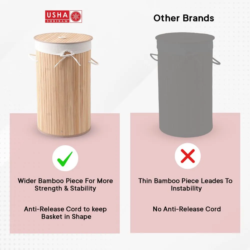 USHA SHRIRAM Foldable Bamboo Laundry Basket With Lid | Sustainable & Eco-Friendly | Travel Essential | Solid Laundry Basket (35cmx35cmx60cm) | Easy To Carry (2 Pcs, Natural)