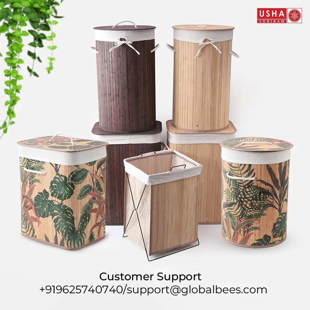 USHA SHRIRAM Foldable Bamboo Laundry Basket With Lid | Sustainable & Eco-Friendly | Travel Essential | Solid Laundry Basket (35cmx35cmx60cm) | Easy To Carry (2 Pcs, Natural)