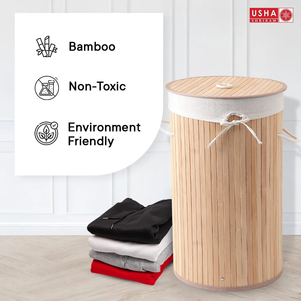 USHA SHRIRAM Foldable Bamboo Laundry Basket With Lid | Sustainable & Eco-Friendly | Travel Essential | Solid Laundry Basket (35cmx35cmx60cm) | Easy To Carry (2 Pcs, Natural)