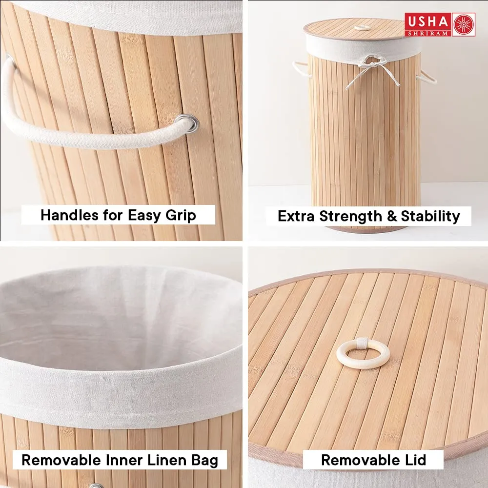 USHA SHRIRAM Foldable Bamboo Laundry Basket With Lid | Sustainable & Eco-Friendly | Travel Essential | Solid Laundry Basket (35cmx35cmx60cm) | Easy To Carry (2 Pcs, Natural)