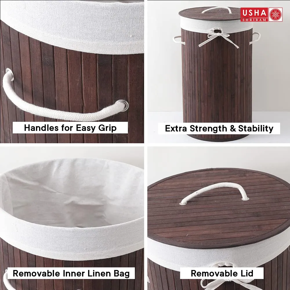 USHA SHRIRAM Foldable Bamboo Laundry Basket With Lid | Sustainable & Eco-Friendly | Travel Essential | Solid Laundry Basket (35cmx35cmx60cm) | Easy To Carry (3 Pcs, Dark Brown)