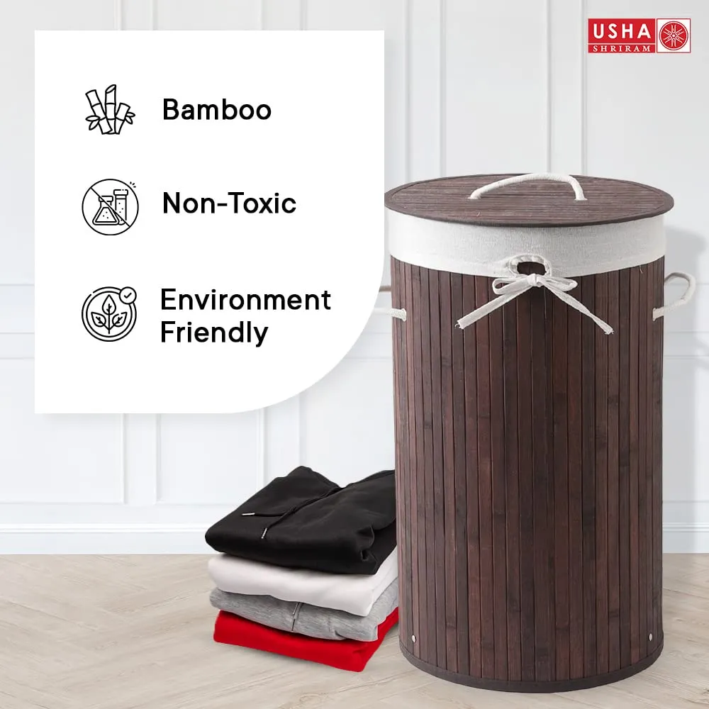 USHA SHRIRAM Foldable Bamboo Laundry Basket With Lid | Sustainable & Eco-Friendly | Travel Essential | Solid Laundry Basket (35cmx35cmx60cm) | Easy To Carry (3 Pcs, Dark Brown)