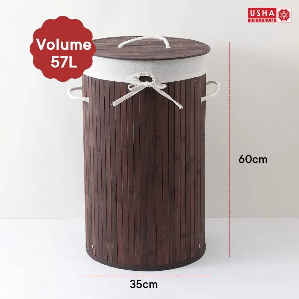 USHA SHRIRAM Foldable Bamboo Laundry Basket With Lid | Sustainable & Eco-Friendly | Travel Essential | Solid Laundry Basket (35cmx35cmx60cm) | Easy To Carry (3 Pcs, Dark Brown)