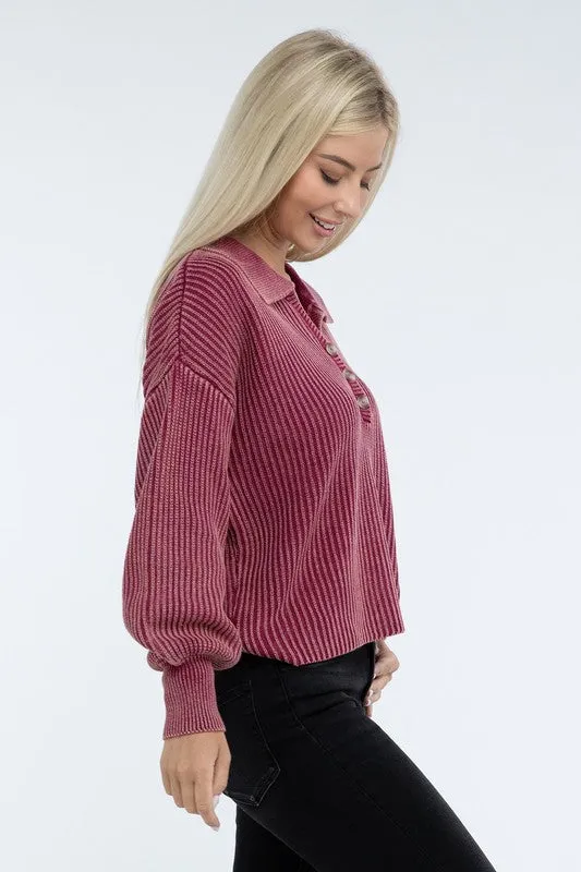 Washed Collared Henley Sweater