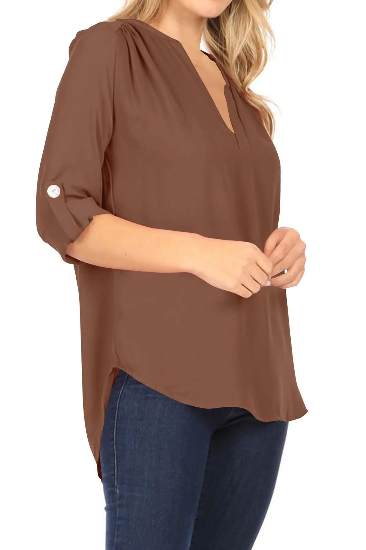 Women's Casual V-Neck Woven Roll Up Sleeve Lightweight Relaxed Fit Office Blouse Top