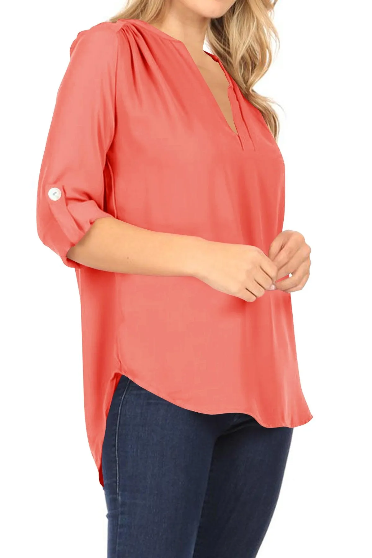 Women's Casual V-Neck Woven Roll Up Sleeve Lightweight Relaxed Fit Office Blouse Top