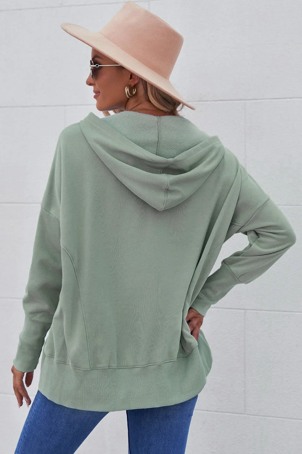 Women's Oversized Hooded Sweatshirt Batwing Sleeve Pocketed Henley Hoodie