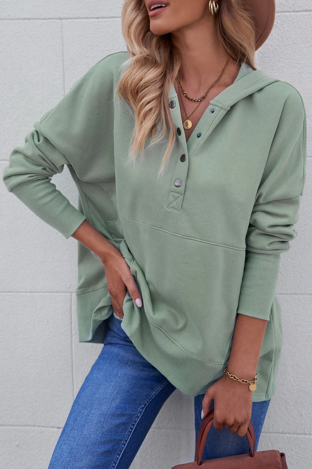 Women's Oversized Hooded Sweatshirt Batwing Sleeve Pocketed Henley Hoodie