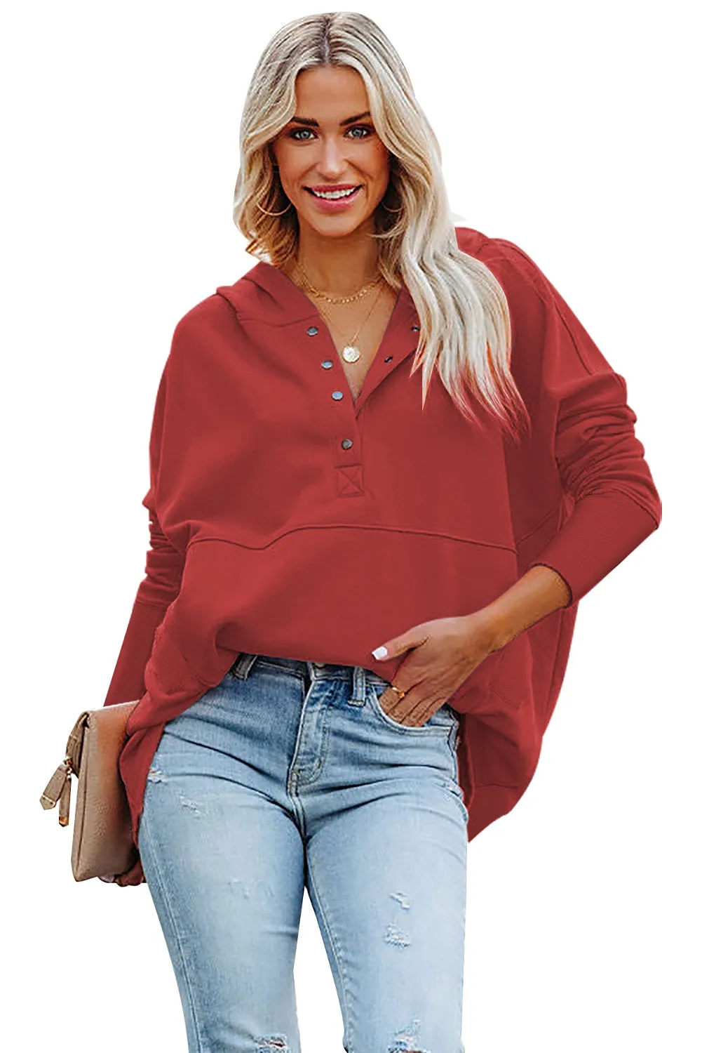 Women's Oversized Hooded Sweatshirt Batwing Sleeve Pocketed Henley Hoodie