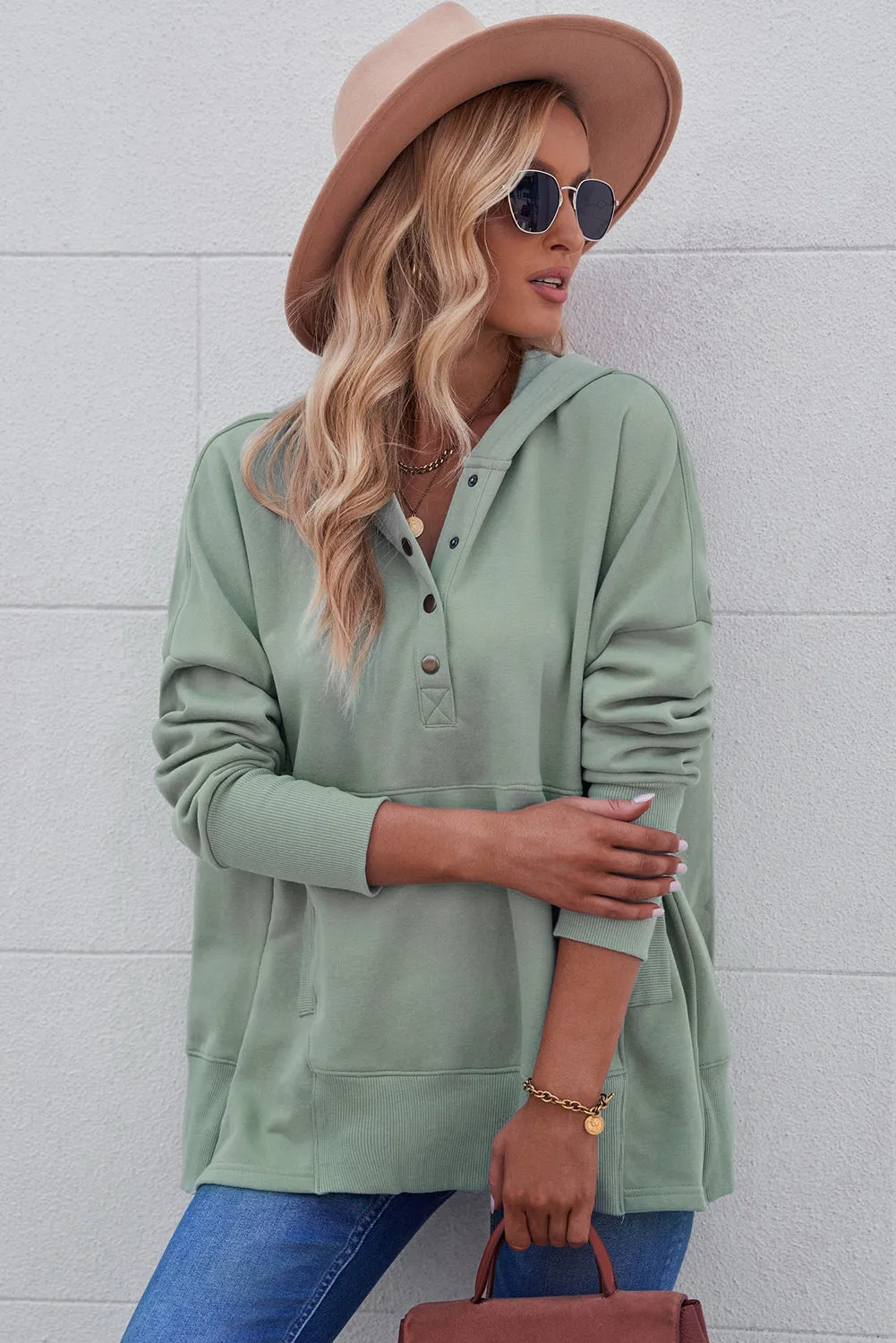 Women's Oversized Hooded Sweatshirt Batwing Sleeve Pocketed Henley Hoodie