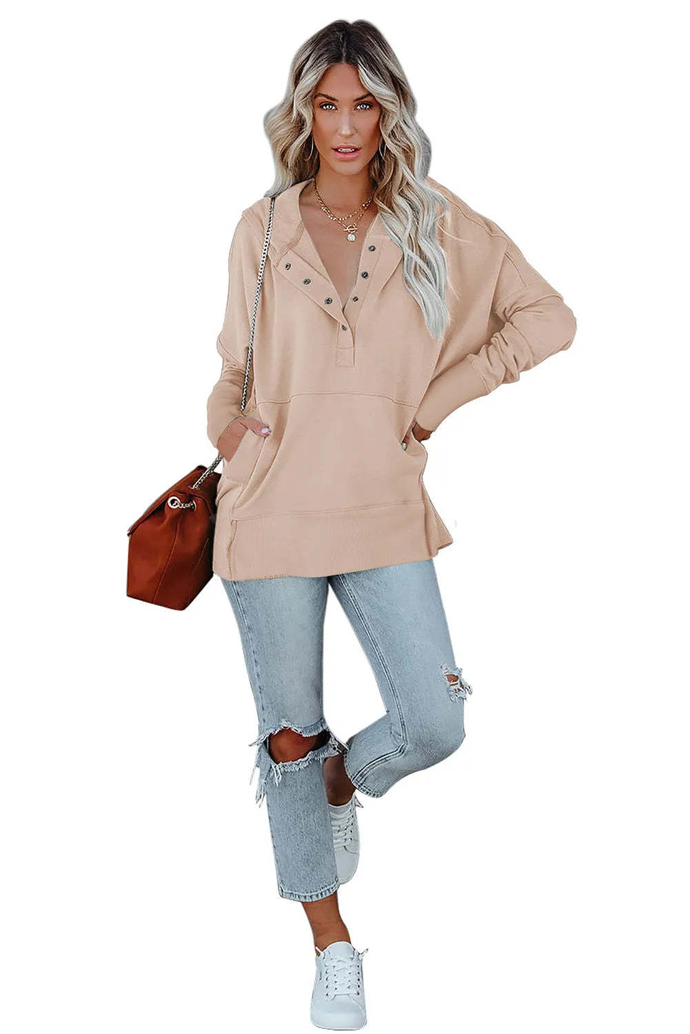 Women's Oversized Hooded Sweatshirt Batwing Sleeve Pocketed Henley Hoodie