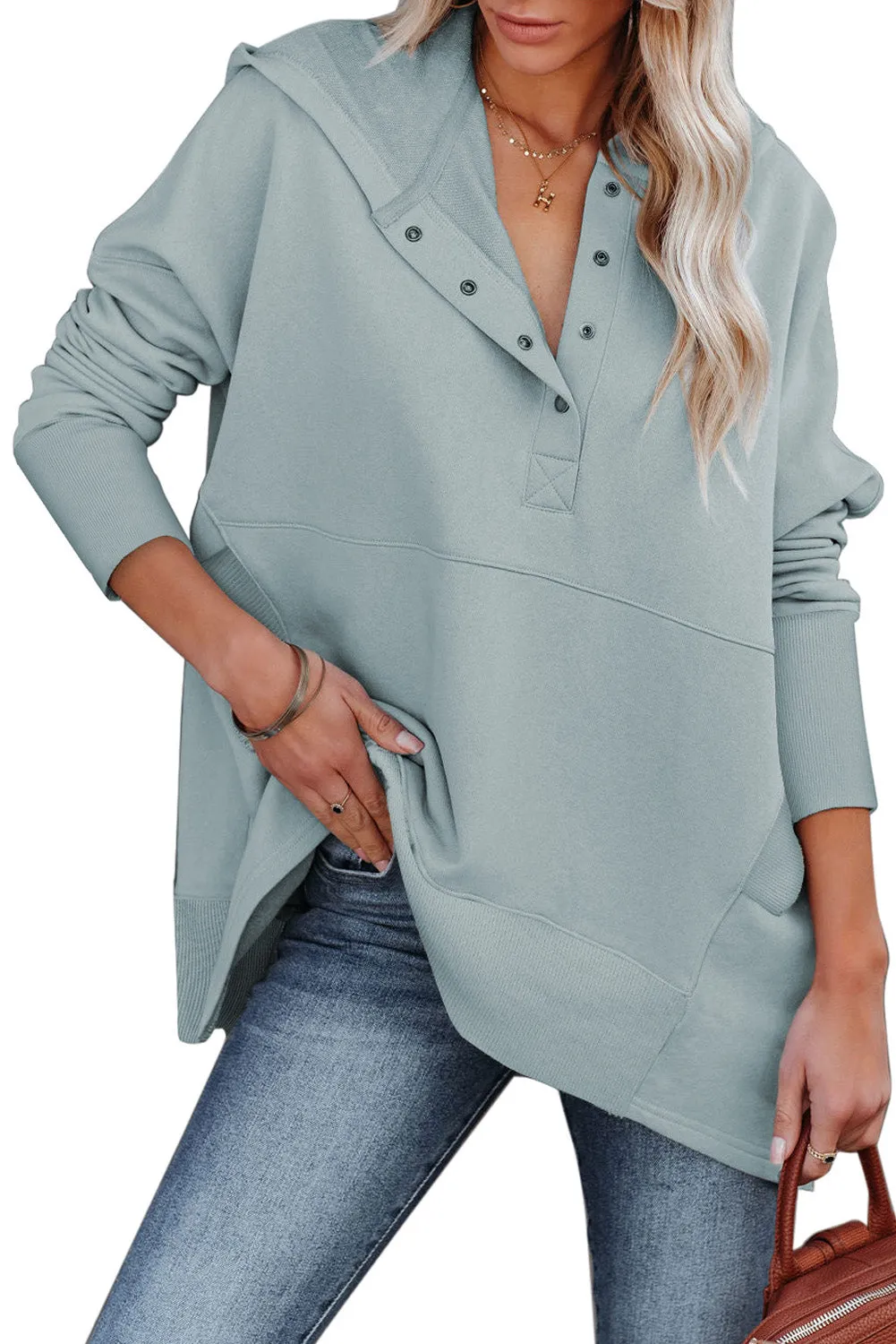 Women's Oversized Hooded Sweatshirt Batwing Sleeve Pocketed Henley Hoodie