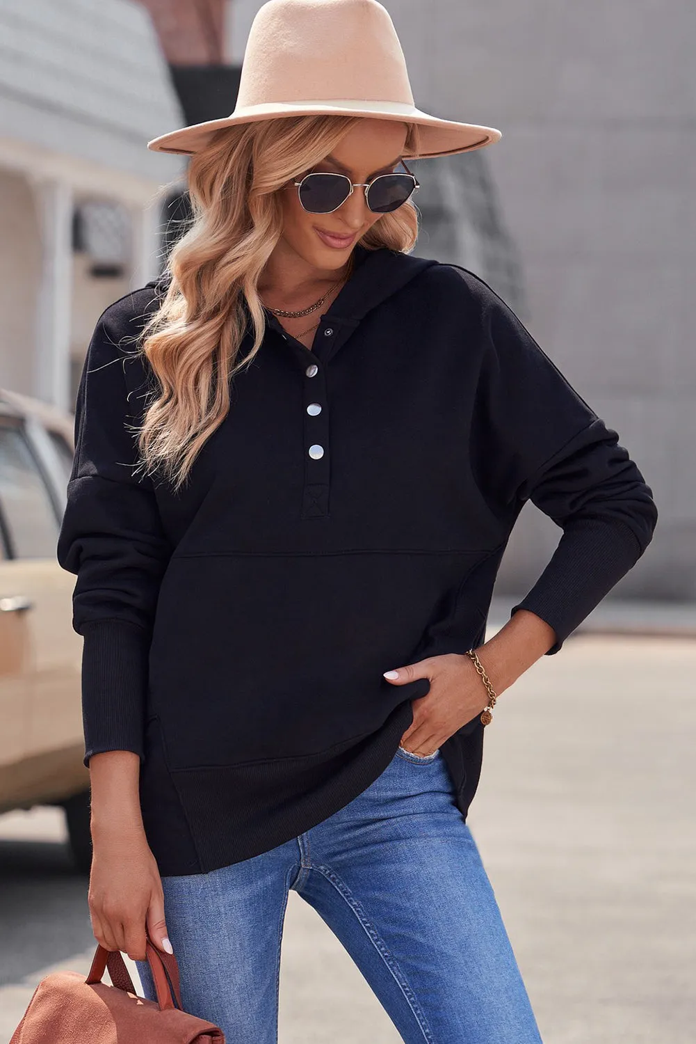 Women's Oversized Hooded Sweatshirt Batwing Sleeve Pocketed Henley Hoodie