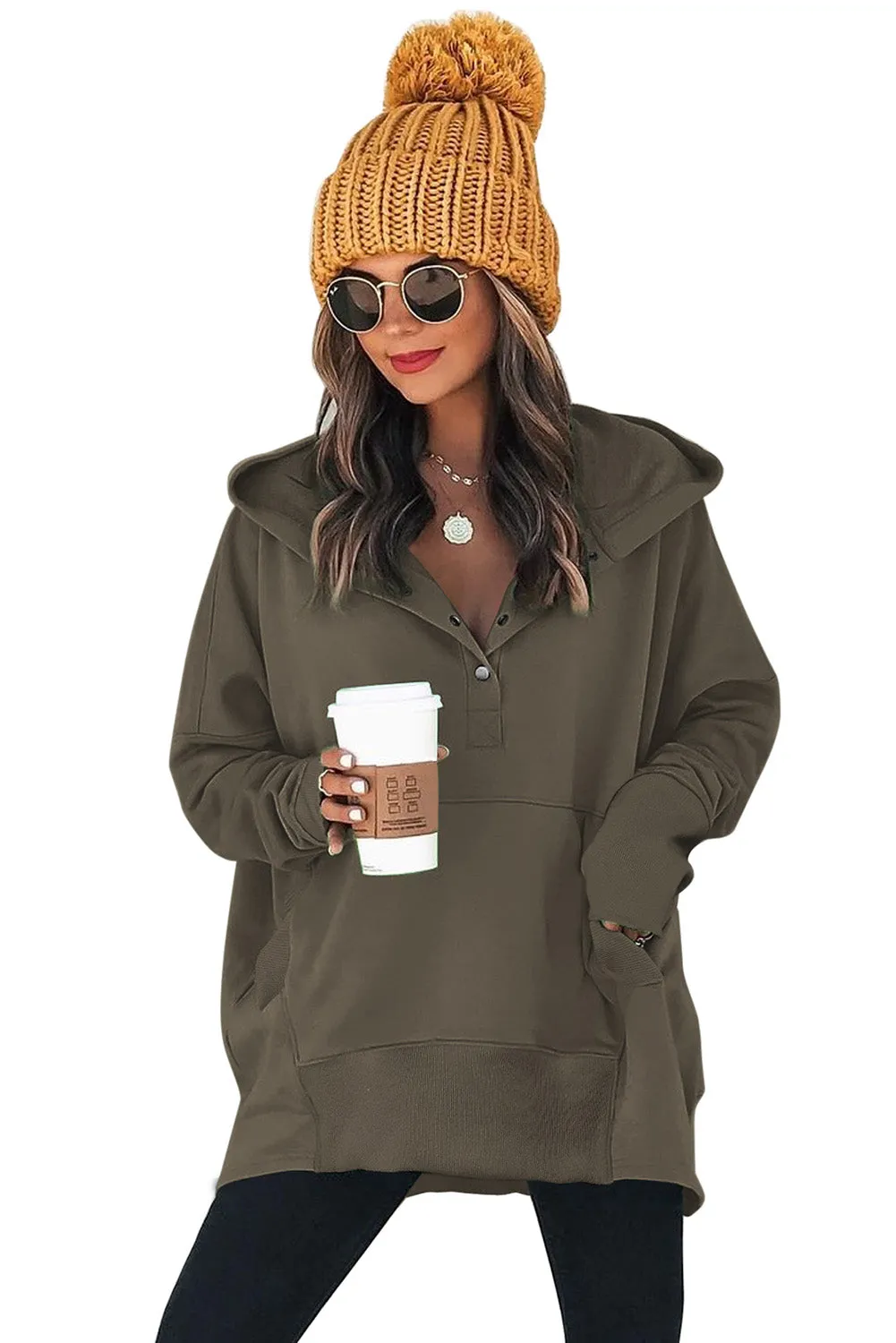 Women's Oversized Hooded Sweatshirt Batwing Sleeve Pocketed Henley Hoodie