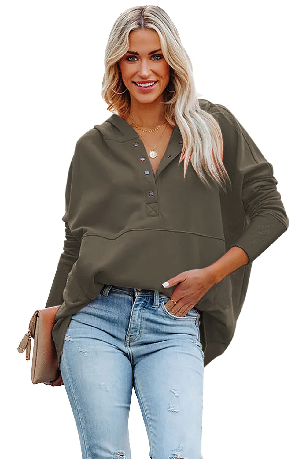 Women's Oversized Hooded Sweatshirt Batwing Sleeve Pocketed Henley Hoodie